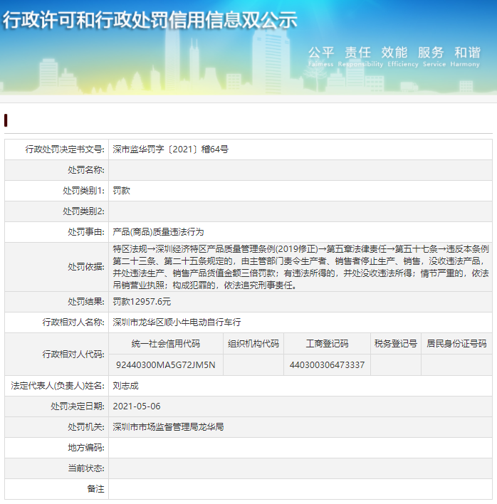  深圳市龙华区顺小牛电动自行车行产物（商品）质量违法行为被罚款12957.6元