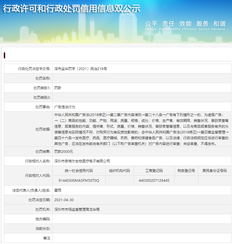  深圳市市场监视打点局龙华局对深圳市奈格尔生物医疗电子有限公司告白违法行为的行政惩罚抉择
