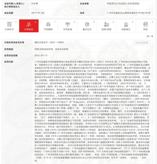 广州乐居日化用品有限公司因“产品质量违法行为”被行政处罚