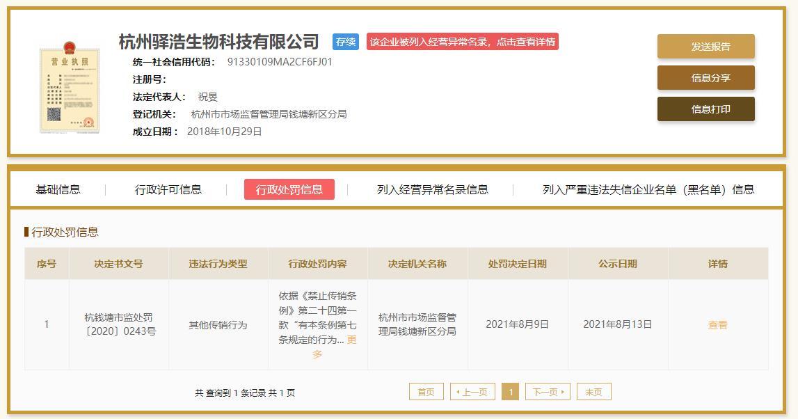 杭州驿浩生物科技公司遭罚 违法范例为其他传销行为