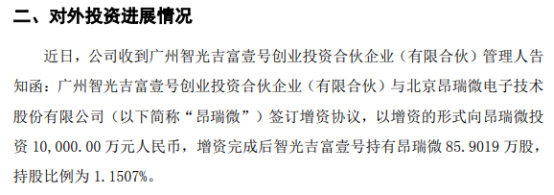 智光电气部属子公司智光吉富壹号拟对昂瑞微增资1亿持股1.15%