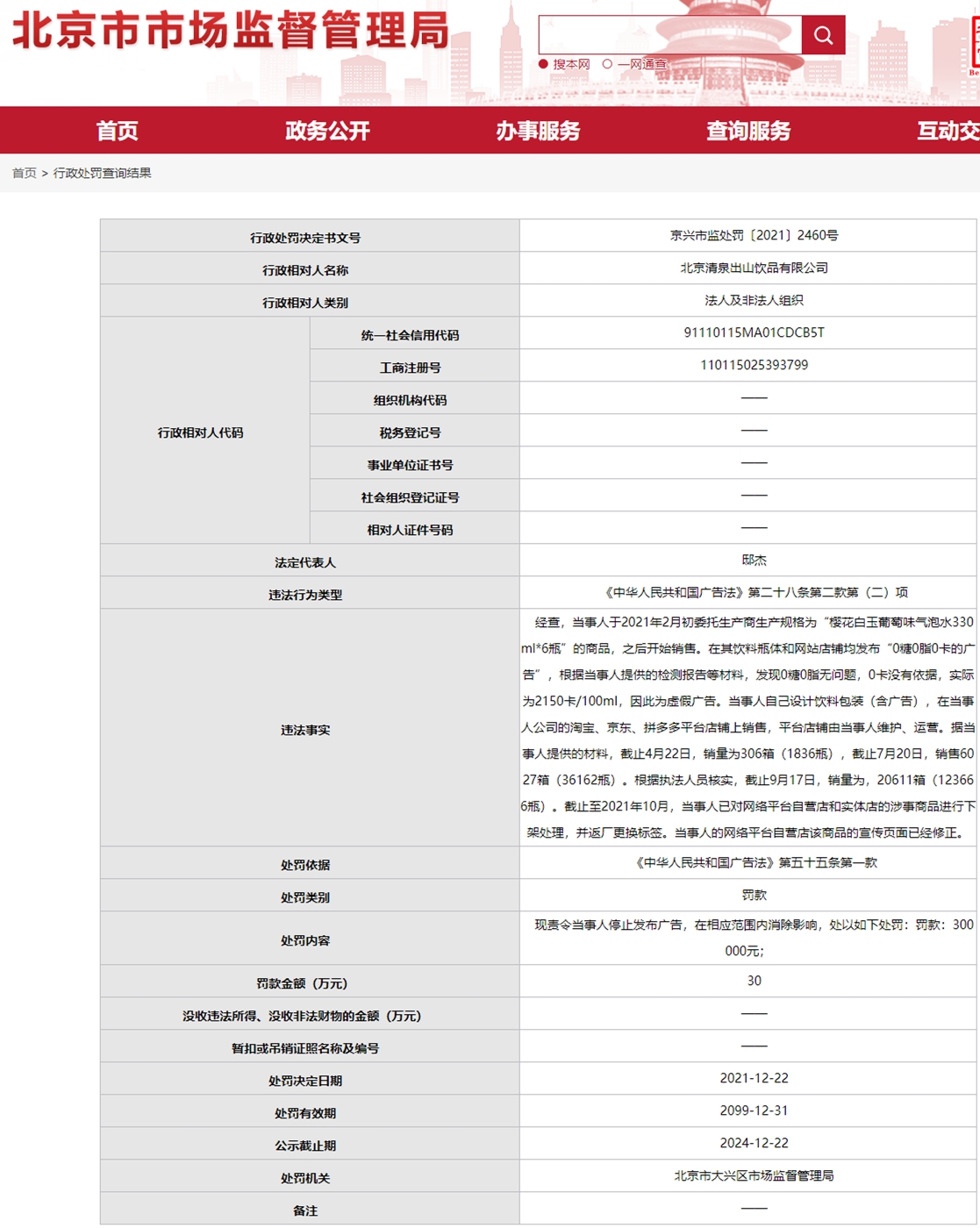 清泉出山公司违法被罚 告白称气泡水0卡实为上千卡